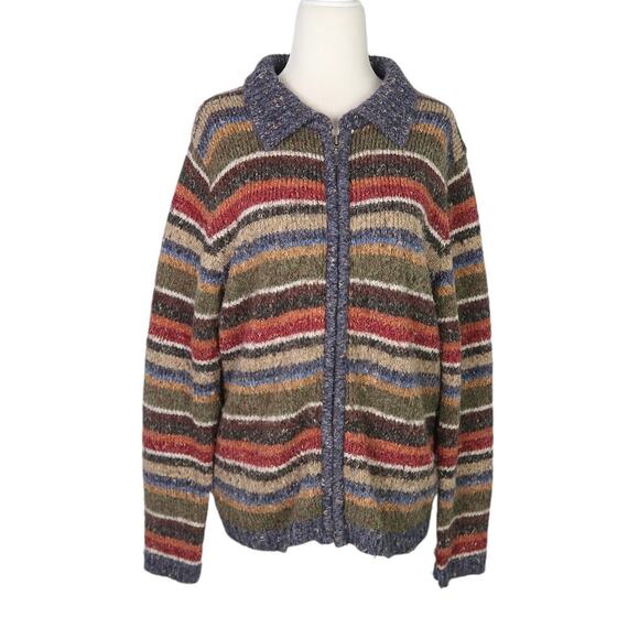 croft & barrow Sweaters - Vintage 90s Croft & Barrow navy blue multicolor striped zip cardigan sweater M